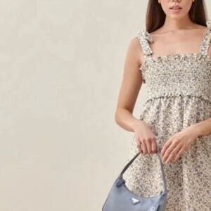 Reformation XS Blue Floral Smocked Linen Mini Dress Tie Strap Prairie Cottage